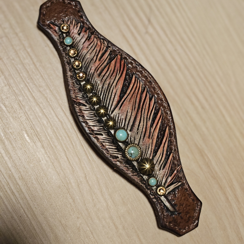 Heritage Brand Brown Leather Feather Cuff w/ Swarovski Crystals Bend To Fit